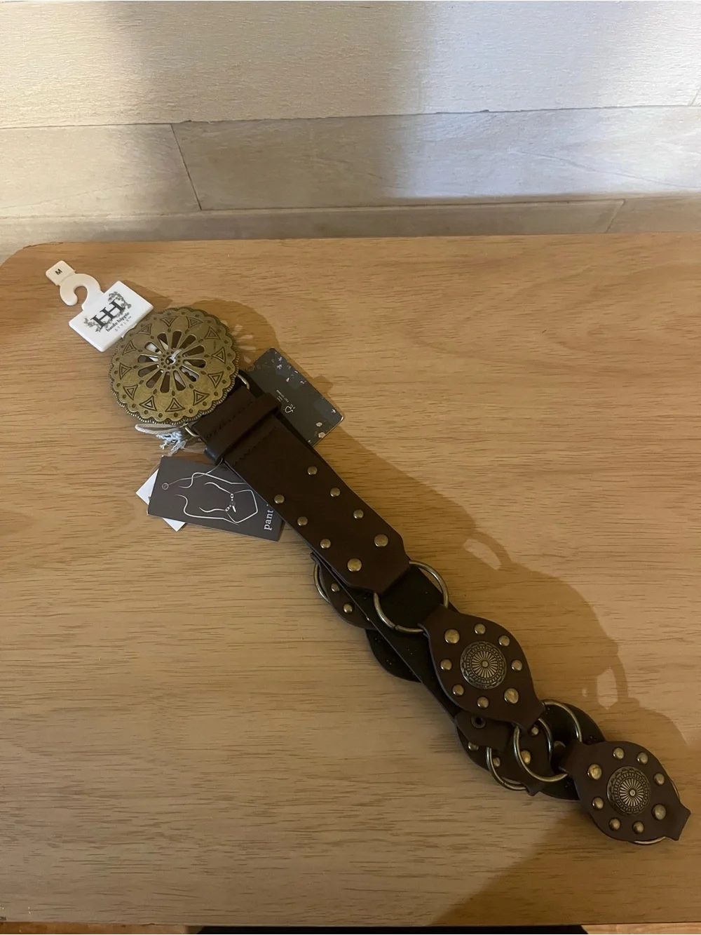 Haute Hippie Dark Brown Leather Belt with Antique Brass Medallion Buckles Size M